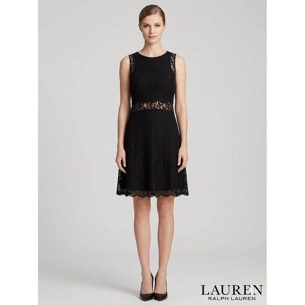 Lauren Ralph Lauren Black Lace Sleeveless A-Line Cocktail Dress Size 14